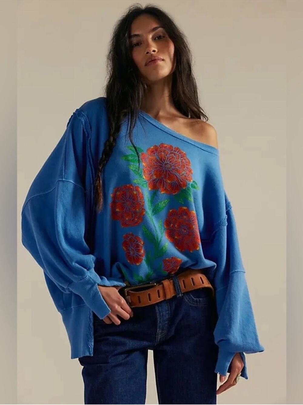 Free People Graphic Camden Sweatshirt Swedish Blue Flower Hawaiian
